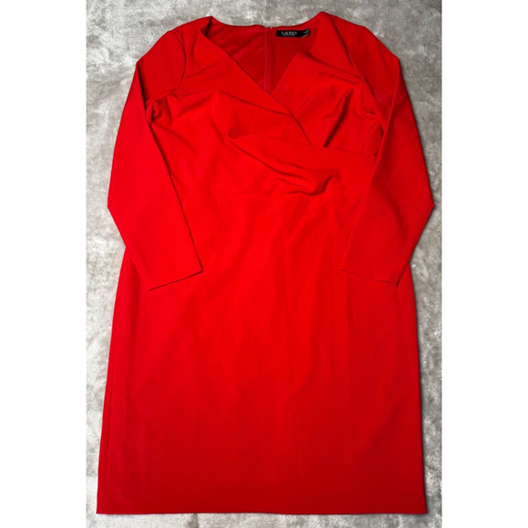 Lauren Ralph Lauren Red Cocktail Ruched Waist Knee Length Dress Womens Size 16 - Picture 1 of 11